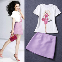 summer style 2015 women set white purple 2 piece set women skirt top summer suit skirt and top tracksuits conjuntos mujer T10