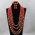 African Long Pattern 4 Rows Orange Add Gold Ball Coral Beads Party Jewelry Set Costume Jewelry