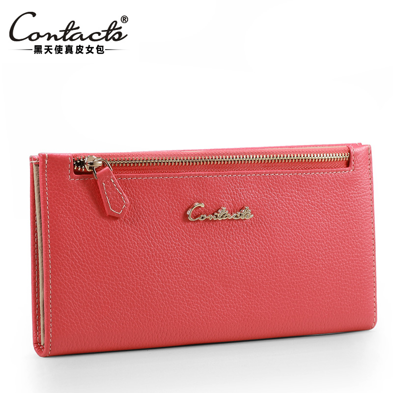 Women's pink wallet female long design genuine leather zipper color block first layer of cowhide leather wallet
