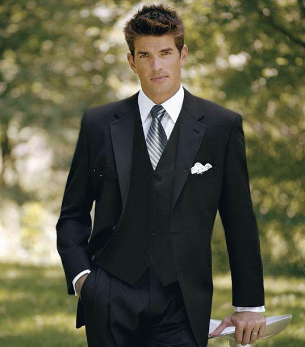classic black men suits tuxedos for men notched Lapel men Wedding suits grooms suits three piece Suit (Jacket+Pants+vest+tie)