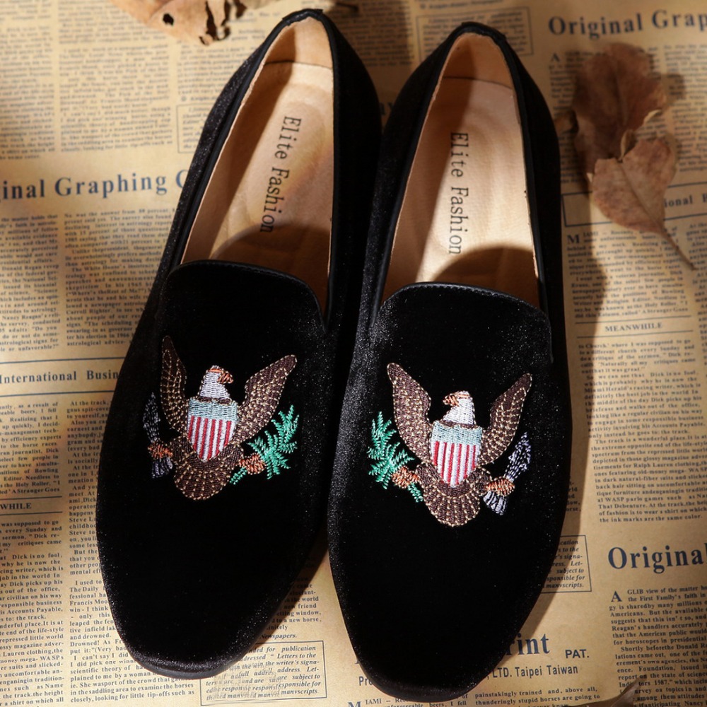 Eagle Embroidered Black  Men Velvet Loafers Slippers Size 8-12 Free Shipping