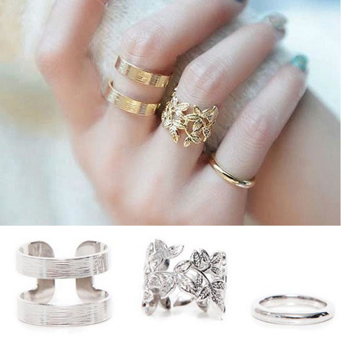 3pcs Fashion Punk Style Metal Gold Silver Plated Leaf Above Knuckle Hollow Out Leaves Band Midi