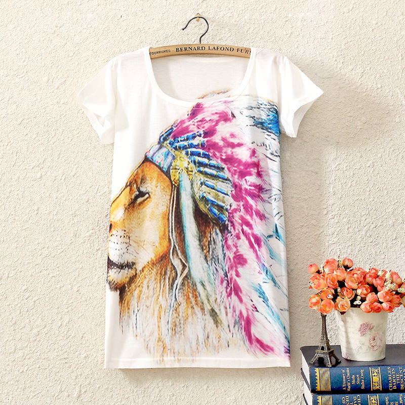 2016 summer new women casual cartoon Indian themes Lion Statue Harajuku style loose short sleeved female