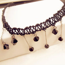 Fashion Leader Women Black Beads Pendant Crystal Bib Chain Jewelry Sexy Lace Choker Necklace 5UED 6SZK