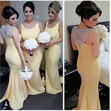 Robe Demoiselle D’honneur Arabic Mermaid Long O Neck Light Yellow Bridesmaid Gowns Maid Of Honor Dresses For Wedding With Beaded