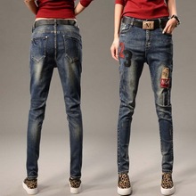 2016 New Spring Fashion Skull Embroidery Badge Denim Elastic Women’s trousers Women Hole Jeans Vintage Ladies Foot Haren pants