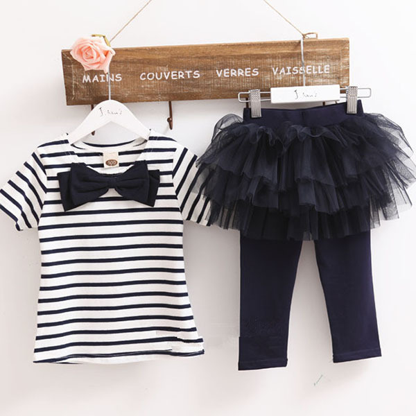 Hot Kid Girl Stripe Bow Top T shirt Tutu Skirt Leggings Culottes 2pcs Outfit Sets