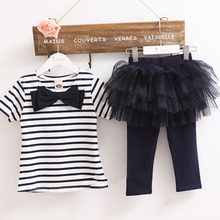 Hot Kid Girl Stripe Bow Top T shirt Tutu Skirt Leggings Culottes 2pcs Outfit Sets