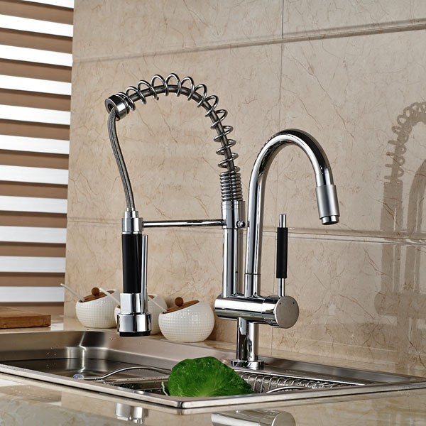 Wholesale and Retail New Double Swivel Spout Spring Kitchen Sink Faucet Hot and Cold Pull Out Kitchen Faucet