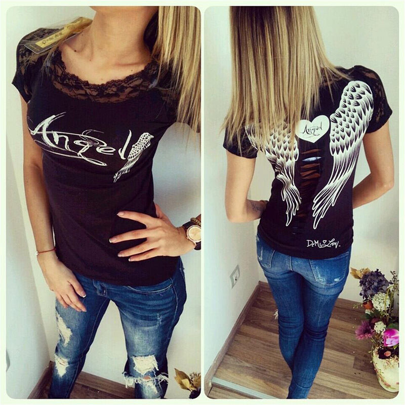 2015 New spring summer T-shirts women unique angel wings back printing short sleeve loose tshirt ladies lager size t shirt women