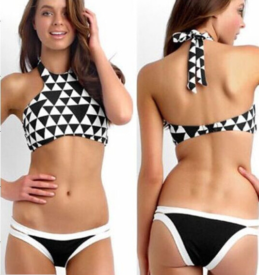 Sexy Black and white triangle swimwear high waiste...