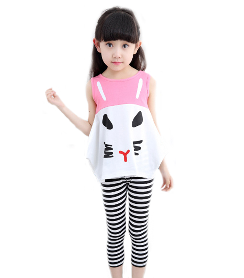 2016 Summer Girl Kids Cat Shirt Vest font b Plaid b font Ankle length Skinny Pants
