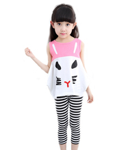 2016 Summer Girl Kids Cat Shirt Vest Plaid Ankle-length Skinny Pants Two Piece Sets for Children 4-12T
