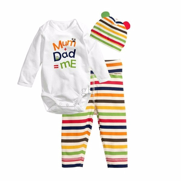 2016 New Fashion Baby Boy Clothing Set 3pcs(Long-sleeved Romper+hat+pants) Infant Newborn Baby Girls Character Clothes Suit 07