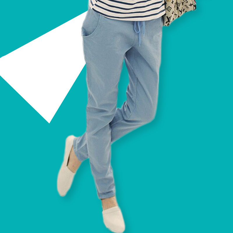 New 2015 Women Pants Solid Color Drawstring Elastic Waist Comfy Full Length Casual Cotton Harem Pants