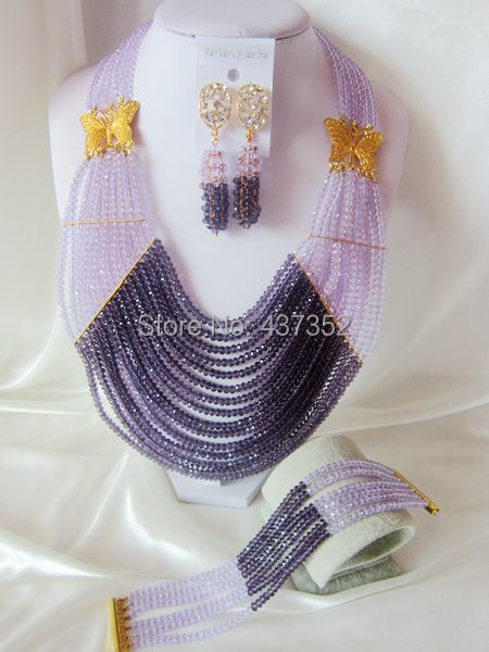 New Design Fashion Lilac and Violet Crystal Necklaces Bracelet Earrings Nigerian African Wedding Beads Jewelry Set  CPS-2462