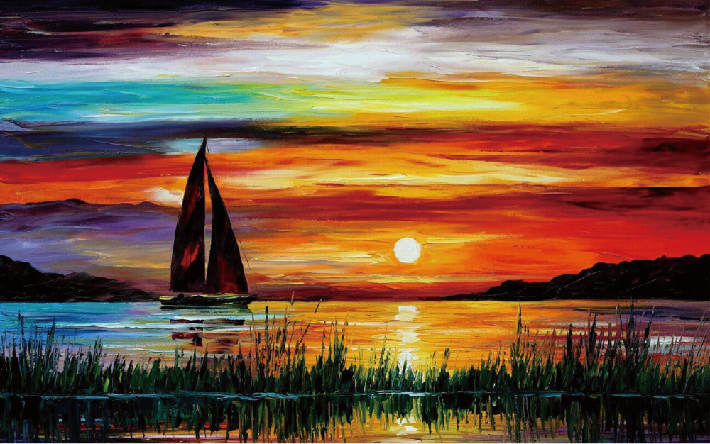 Lukisan pemandangan matahari atau sunset terbenam di tepi pantai