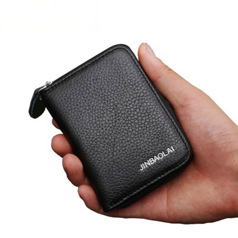 Men Women mini wallet Zipper small Coin Purse Key Card bag Black Genuine Leather short wallet ...