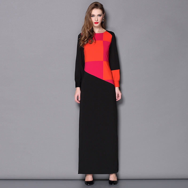 Elegant Dress 2015 Autunm Ankle Length Full Sleeves Patchwork Women Brief Famous Brand Long Dresses