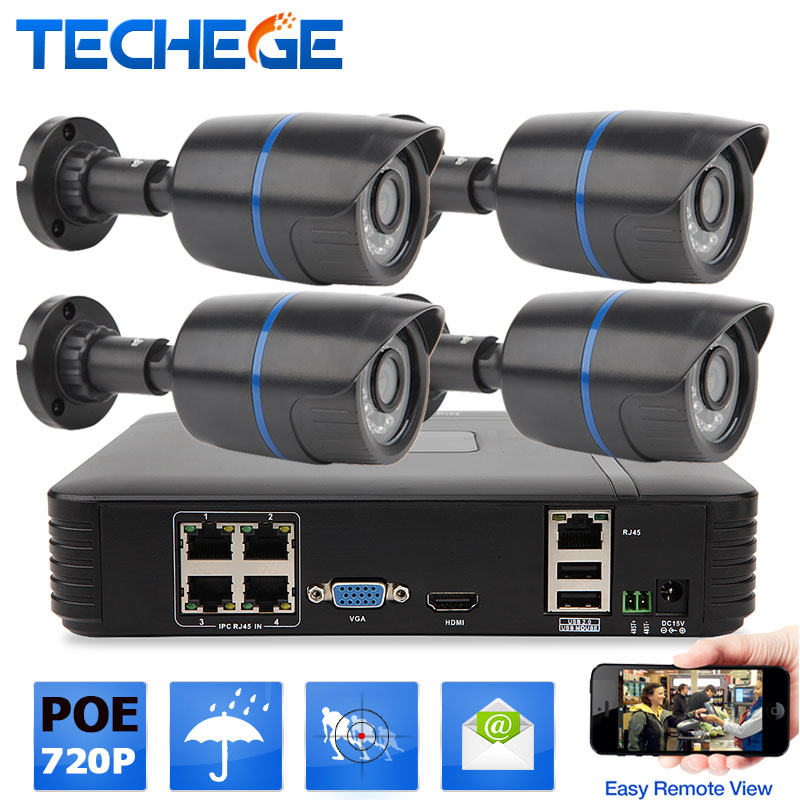 Techege 4CH POE NVR 1080P HDMI 4PCS 1.0MP IP camera IR Weatherproof Outdoor 720P CCTV Camera Security System Surveillance Kit