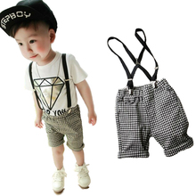 2016 Infant Toddler Children Baby Boy Clothing set 2pcs T-shirt+pants Lattice Bib Set Kid Casual Bib coverall Sport Clothes Suit