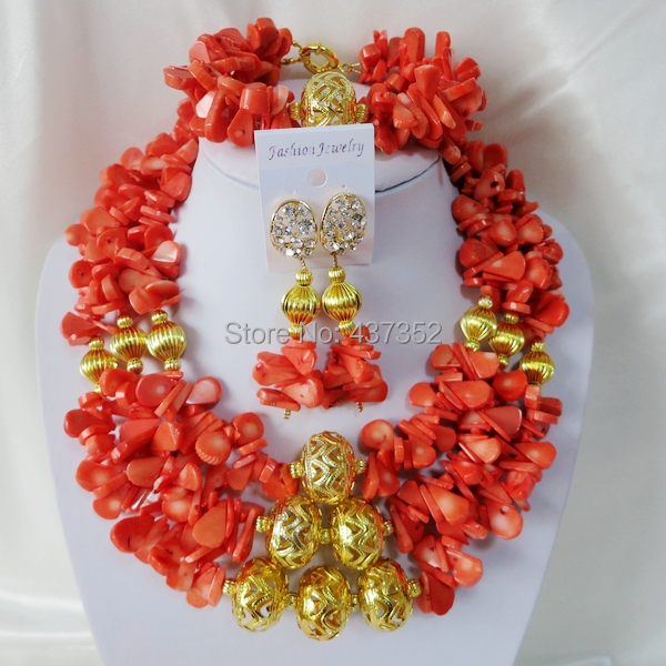 Handmade Nigerian African Wedding Beads Jewelry Set , Pink Coral Beads Necklace Bracelet Earrings Set CWS-348