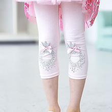 2016 Girls Summer Cotton Leggings Baby Girl Calf-length Bow Leggings Pants Kids Lace Pearl Pants Children’s Clothing Pink/ White