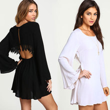 2016 Spring Women Black White Long Bell Sleeve Lace Patchwork Chiffon dress Fashion O Neck Cut out Back Loose Mini Dresse
