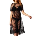 Women Lace Dress Casual Long Black Short Sleeve O Neck See Through Beach Wear Dresses