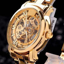 2015 Hot Mens Retro Roman Numerals Hollow Skeleton Golden Tone Wristwatch Mechanical Watch