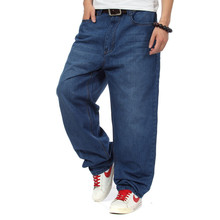 Dark blue men’s baggy hip hop jeans big plus size denim pants for man and boy’s hip-hop rap trousers full length size 30-46