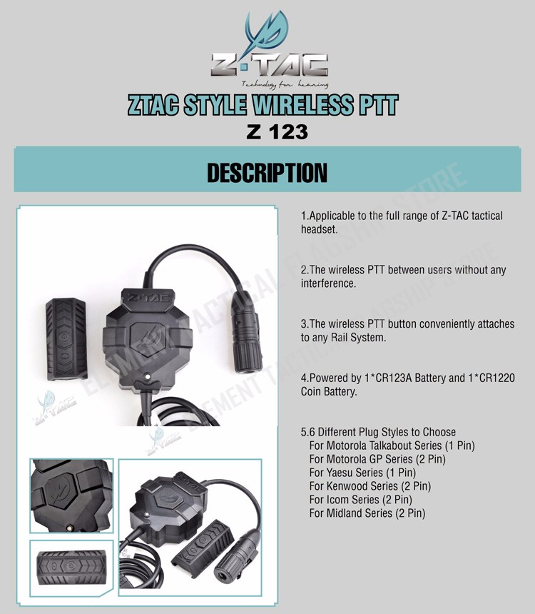 Z Tactical E Switch Tactical Headset Cable /& PTT Z122-MID Midland 2-Pin