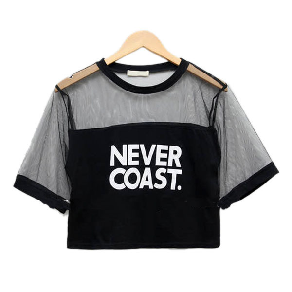 Sexy Women Girls Loose Crop Top T Shirt Crew Neck See through Gauze Tops Blouse