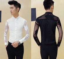 New Men’s Sexy Maple Leaf See Through Mesh Patchwork Slim Fit Casual Party Shirt Top Black White