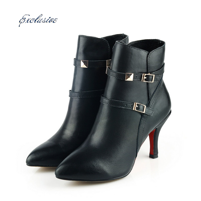 Woman Buckle Rivets Ankle Boots Winter Short Plush Thin Heels Pointed Toe Shoe High Quality Cowhide Buckle Rivets Ankle Boots