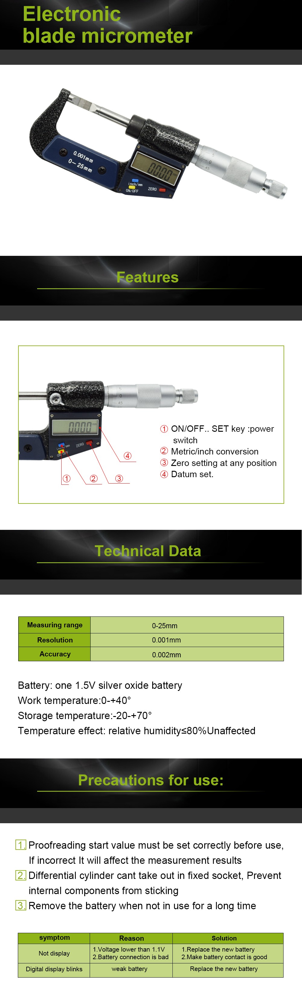 Description Picture 3 of itemLAN&M 0-25 mm digital Blade Micrometer, blade 0.7mm digital micrometer Electronic blade micrometer