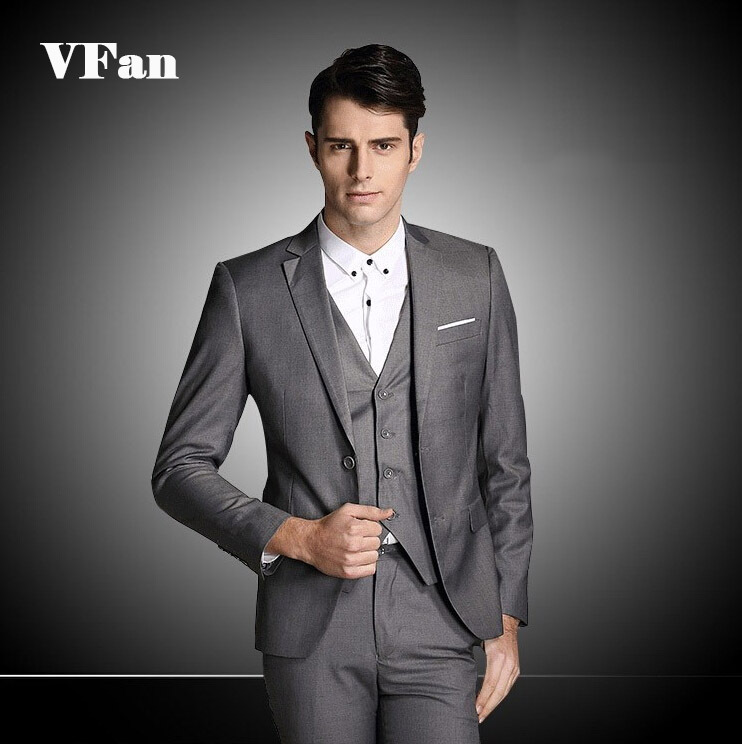 (Jacket+Pants+Vest)Gentlemen Tuxedo Dress Suits 2015 New Designer Fashion Groom Party Men Solid Slim Suits Size M-2XL E1430