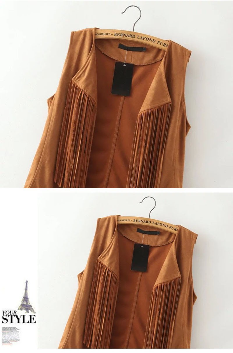 Retro Sleeveless Suede Tassels Fringe Cardigan Vest Waistcoat Jacket