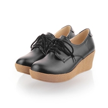 2014 New Black Red Yellow Beige Retro Fashion Casual Lace Up Mid Heel Platform Shoes Wedges Women Girls Pumps D651