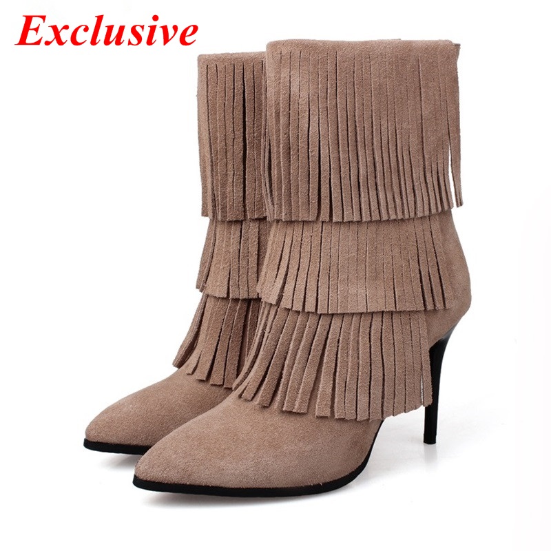 2015 latest autumn winter fashion Pointed Toe Thin Heels Fringed ankle boots Warm short plush Comfort Leisure Woman Boots 34-39