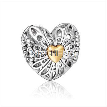 FreeShipping Gold Heart Bead Charms 925 sterling silver With Pink with Gold Bead For Women Pandora