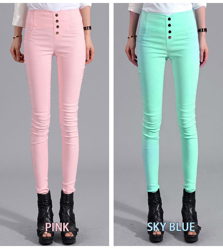 3candy color pencil pants ladies high waist button pants casual trousers