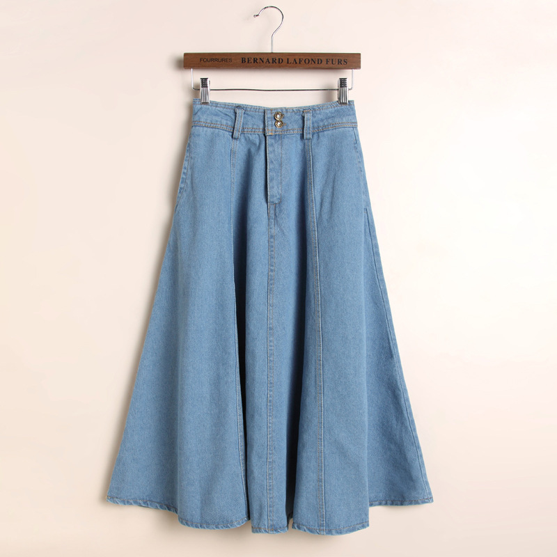 Hot 2015 Fahion Women Jeans High Waist Long Skirts Casual Blue A-Line Loose Nature Color Denim Solid Color Skirt Mid-Calf Jeans