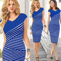 New Sexy Women Short sleeve zip back striped knee length Tunic Midi pencil dress for women