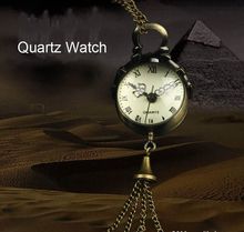Retro Vintage Bronze Quartz Ball Glass Pocket Watch Necklace Chain Steampunk