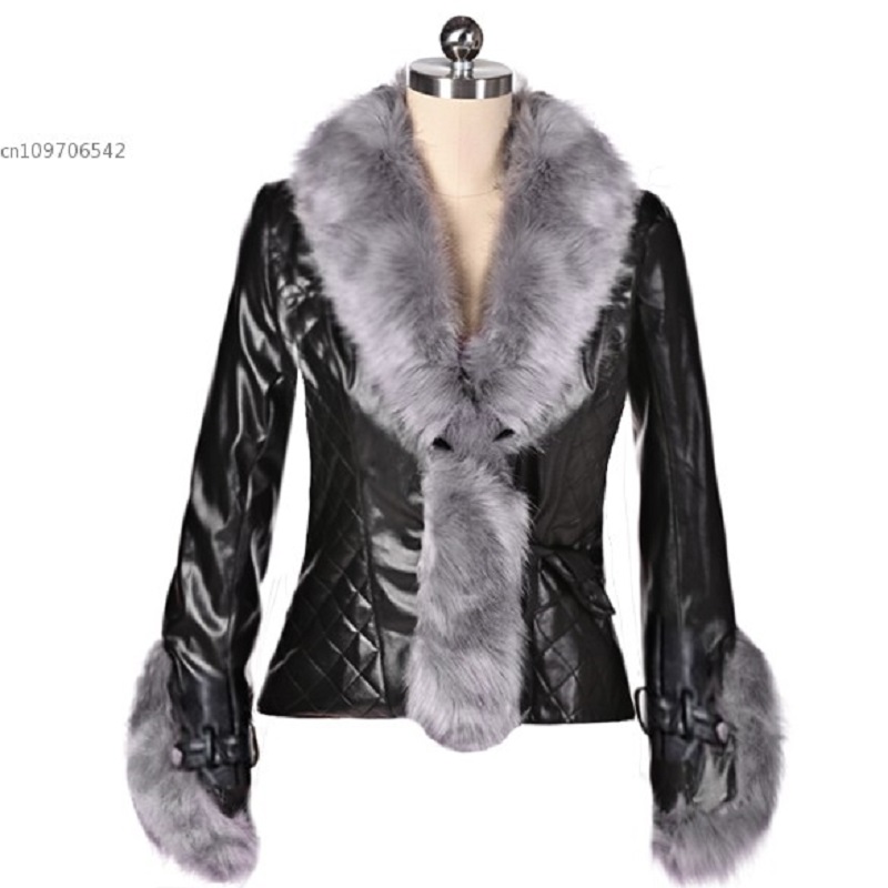 Top Quality Big Faux Fur Collar Jacket Women Slim Outerwear Pu Leather Jacket Coat Winter Warm Fur Coat Black 35
