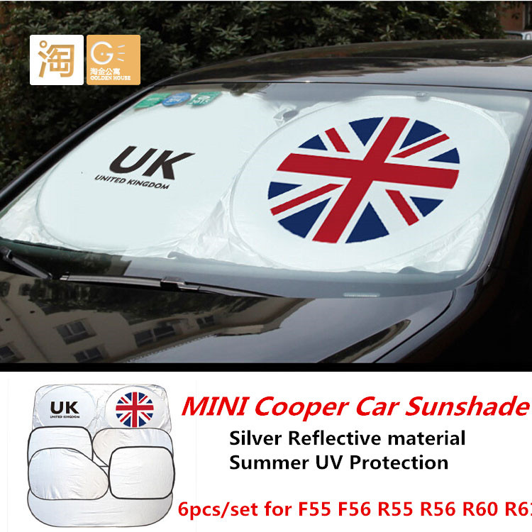 6pcs set MINI Cooper Silver Reflective Material UK Union Jack Car Windshield SunShade for R55 R56