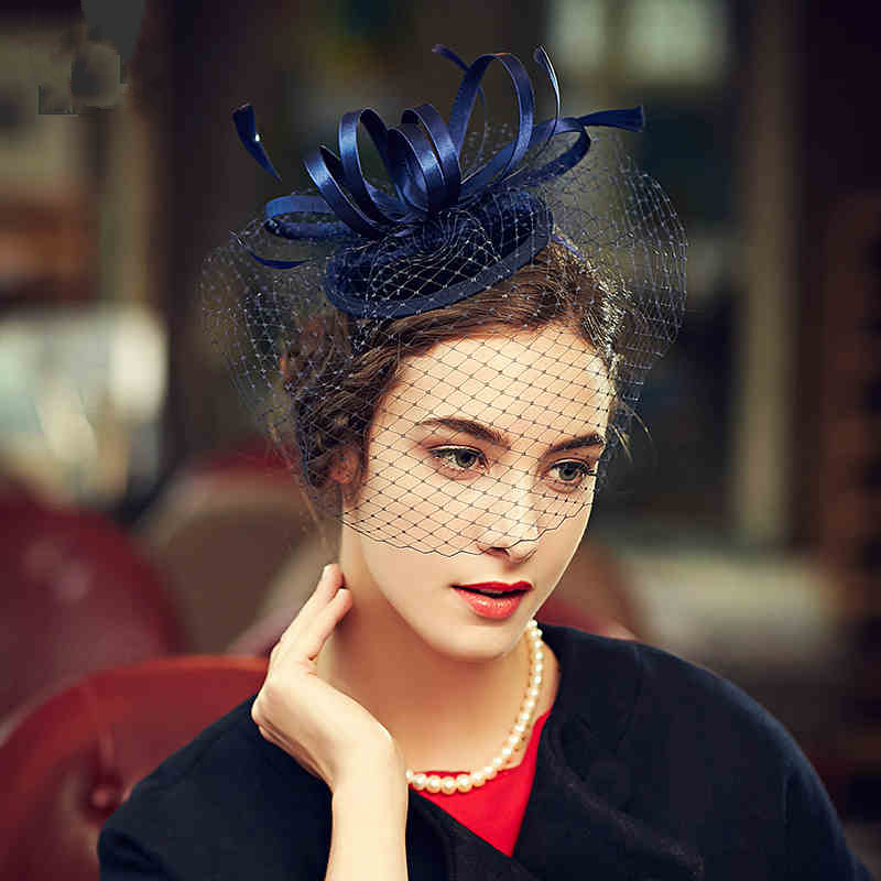 2015 Royal Blue Headpiece Bridal Hat With Birdcage Veil Vintage