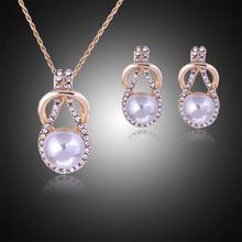 Woman plating silver gold chain necklace Crystal earrings CZ diamond imitation pearl pendant necklace ball drops jewelry Set