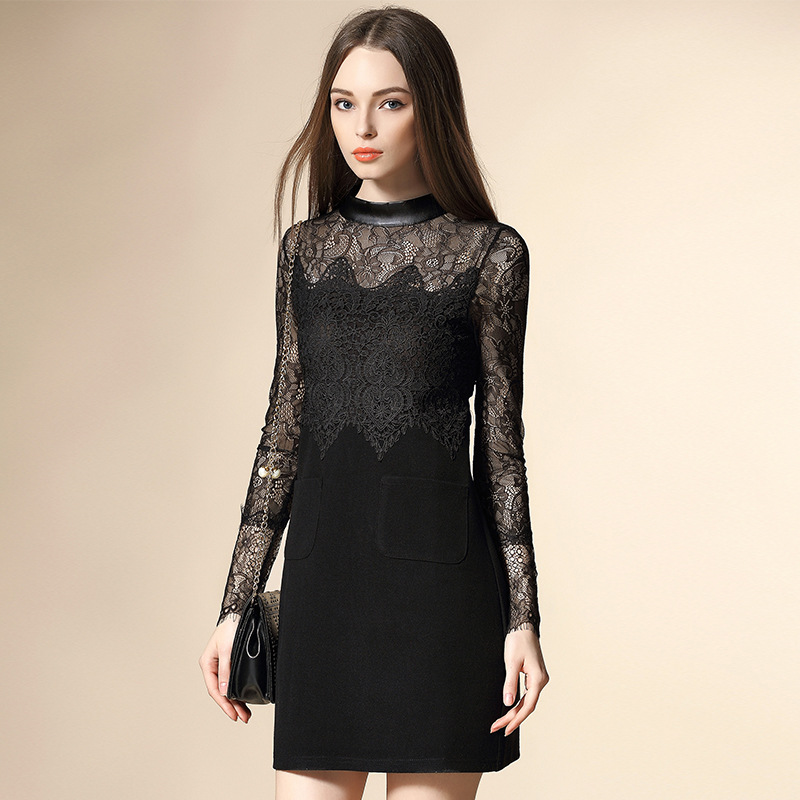 The spring of 2016 new European embroidery lace stitching dress  collar two long sleeved dress rendering false